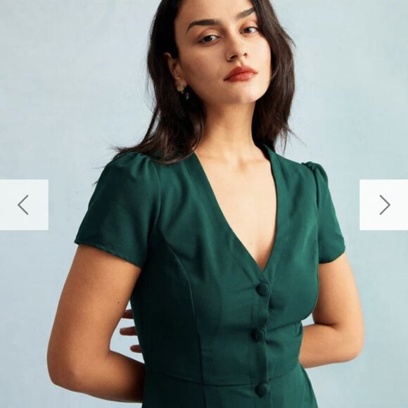 RIOHAS The Dark Green V Neck Button-up Shirt Mini Dress - Picture 8 of 8